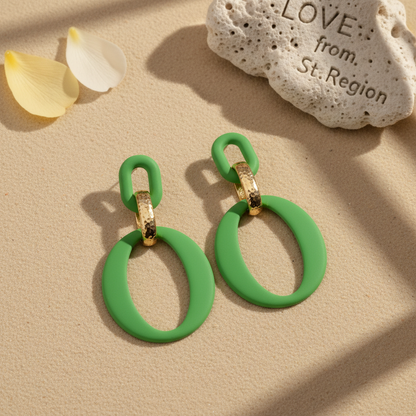 Light Green Enamel & 18K Gold-Plated Openwork Oval Drop Earrings - Street Region