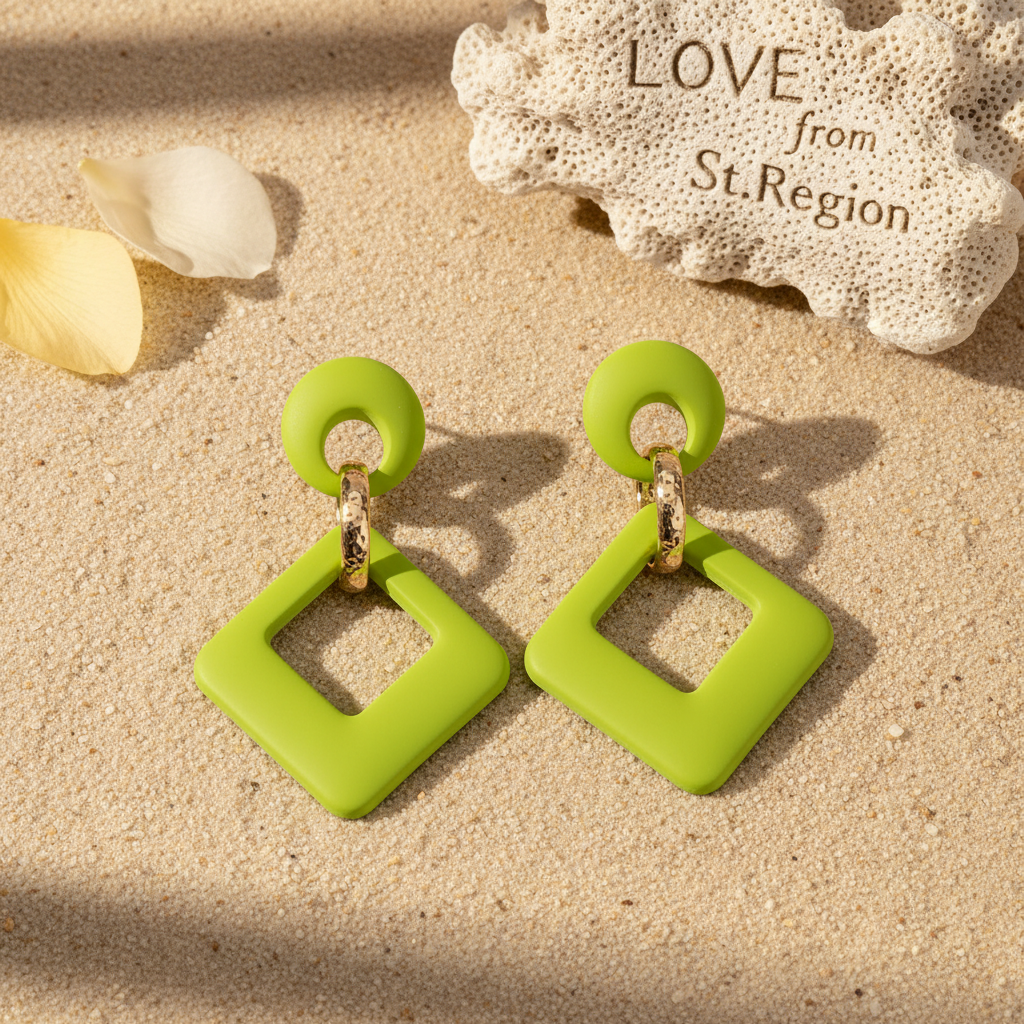 Light Green Enamel & 18K Gold-Plated Open Rhombus Drop Earrings - Street Region