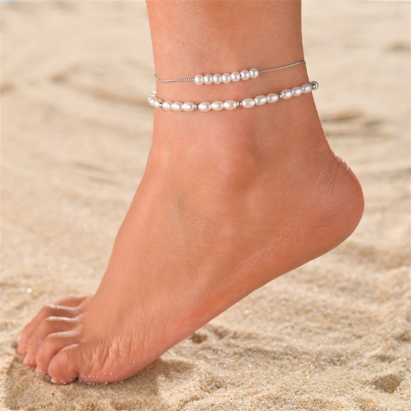 Imitation Pearl & Silvertone Anklet Set