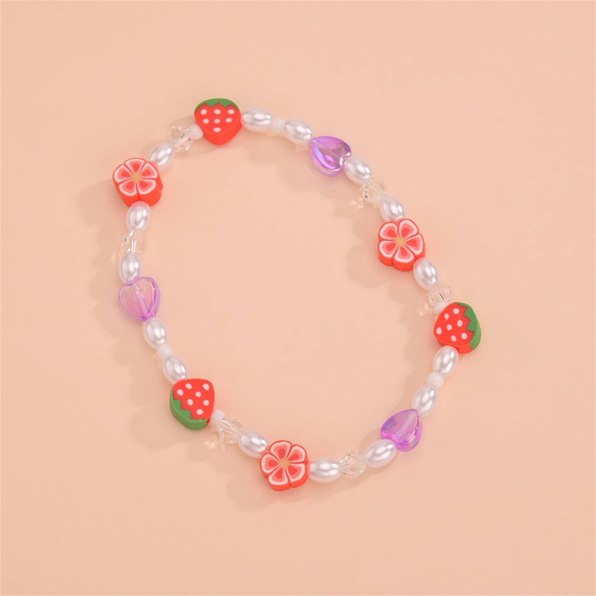 Polymer Clay & Pearl Strawberry Flower Stretch Anklet