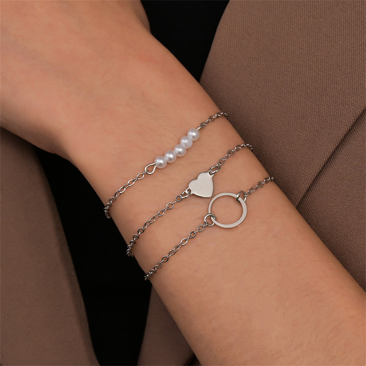 Pearl & Silver-Plated Heart Charm Bracelet Set