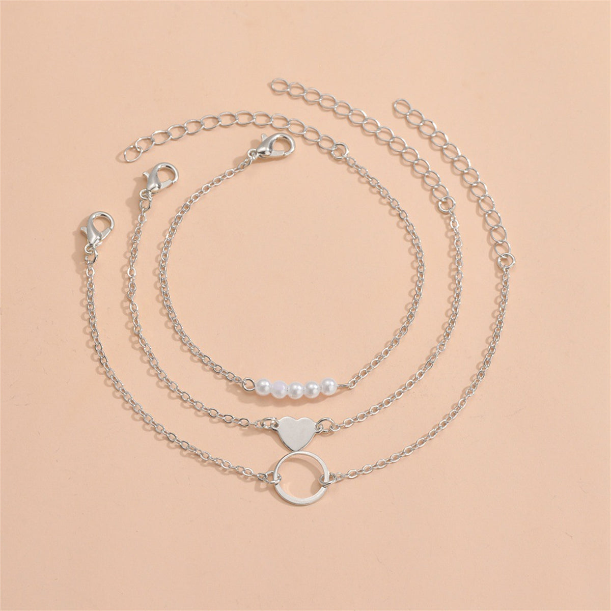 Pearl & Silver-Plated Heart Charm Bracelet Set