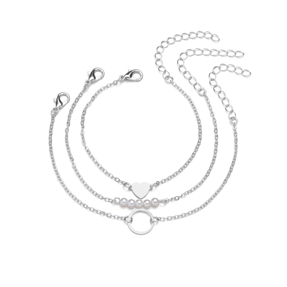 Pearl & Silver-Plated Heart Charm Bracelet Set