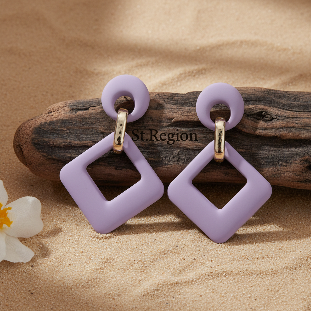 Light Purple Enamel & 18K Gold-Plated Open Rhombus Drop Earrings - Street Region
