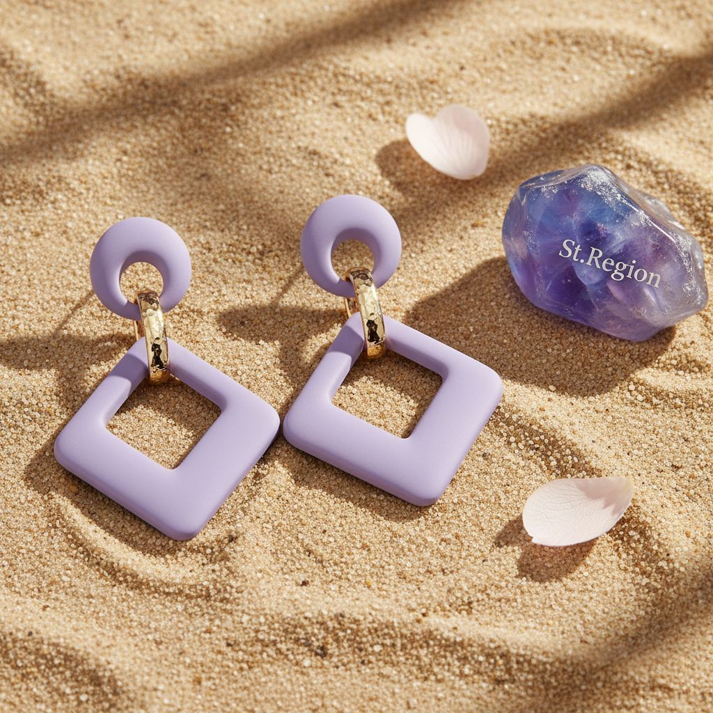 Light Purple Enamel & 18K Gold-Plated Open Rhombus Drop Earrings - Street Region