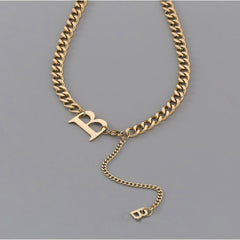 18K Gold-Plated 'B' Cuban Chain Lariat Necklace