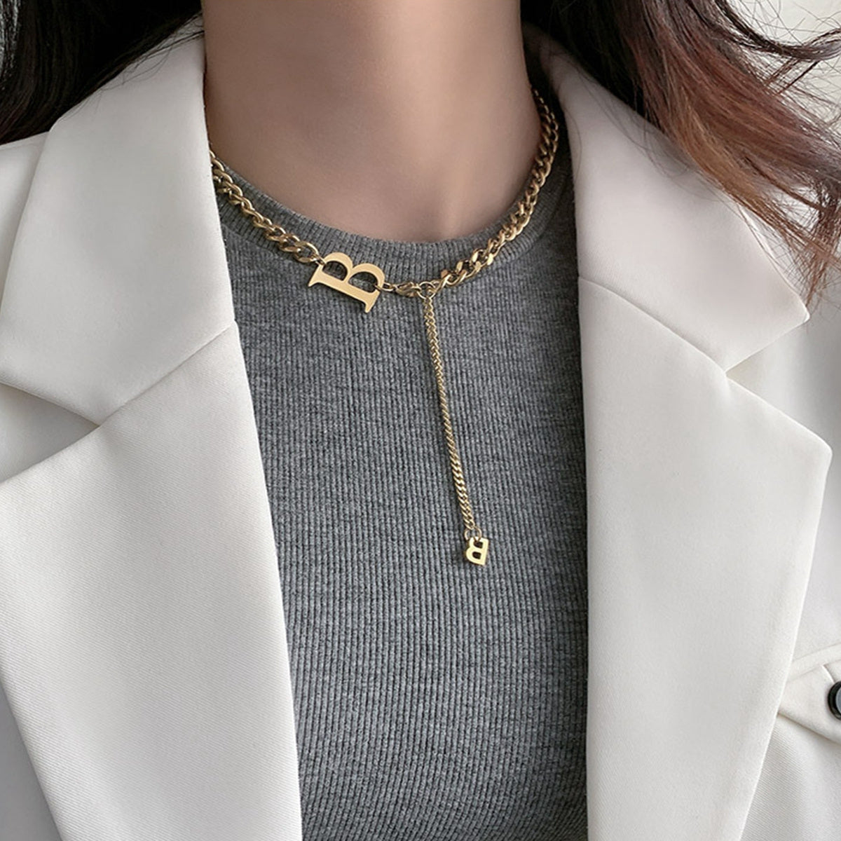 18K Gold-Plated 'B' Cuban Chain Lariat Necklace, gold pendant necklace for women, everyday style, front view