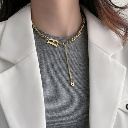 18K Gold-Plated 'B' Cuban Chain Lariat Necklace, gold pendant necklace for women, everyday style, front view