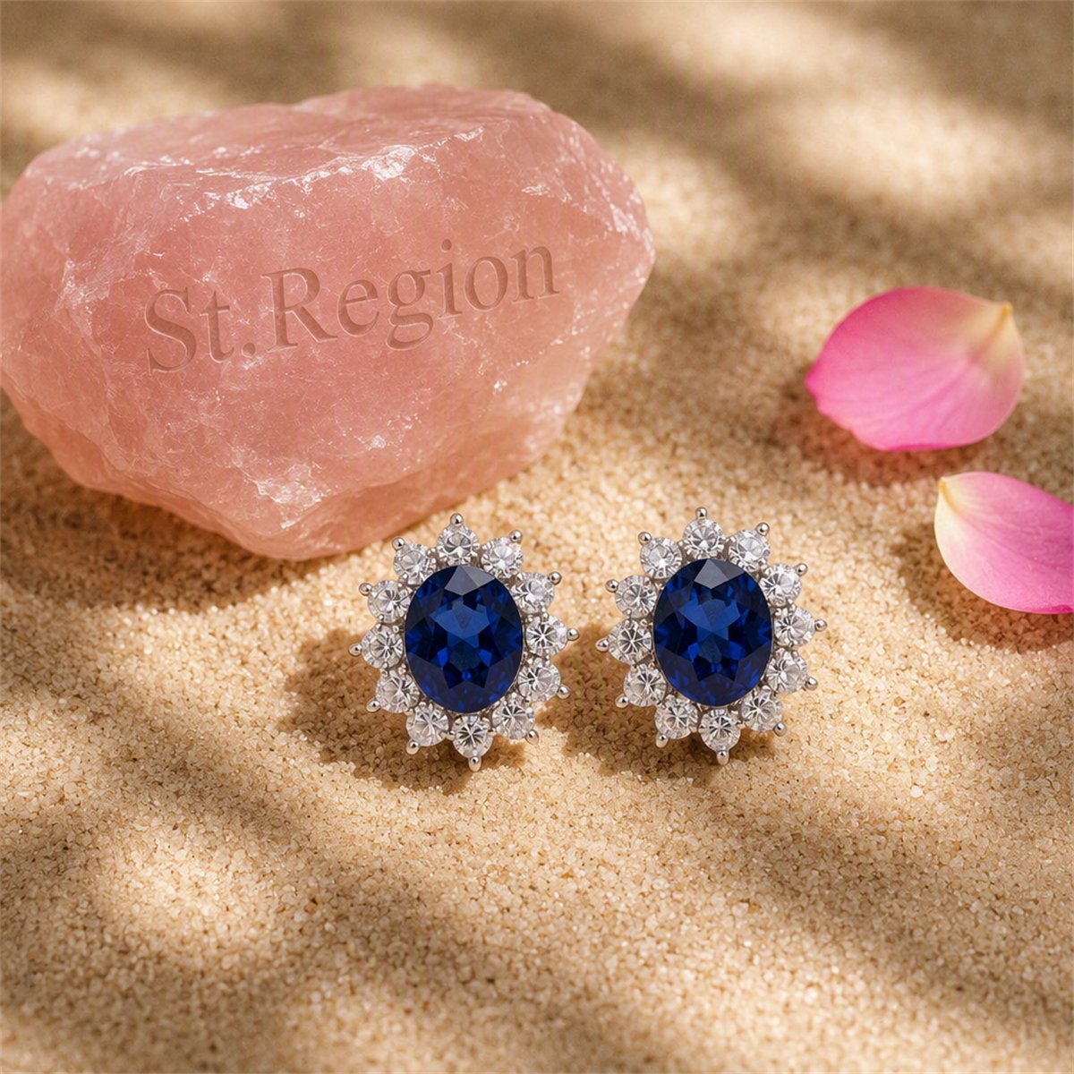 Blue Crystal and Silver-Plated Sun Flower Stud Earrings, silver stud earrings for women, everyday style, detail close-up