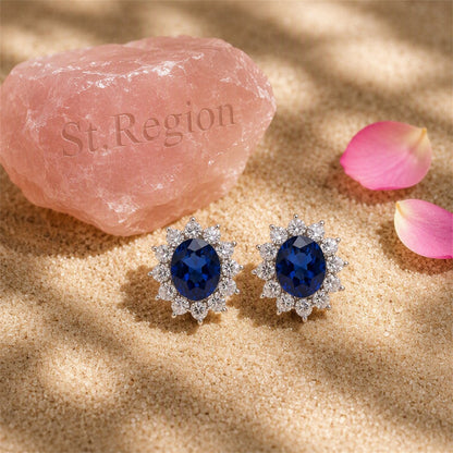 Blue Crystal and Silver-Plated Sun Flower Stud Earrings, silver stud earrings for women, everyday style, detail close-up