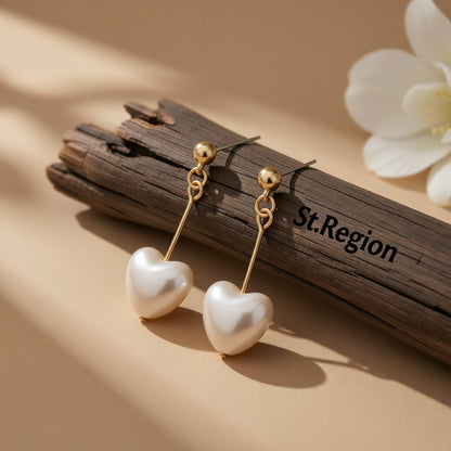 Pearl and 18K Gold-Plated Heart Drop Earrings, gold drop earrings for women, vintage-inspired design, front view