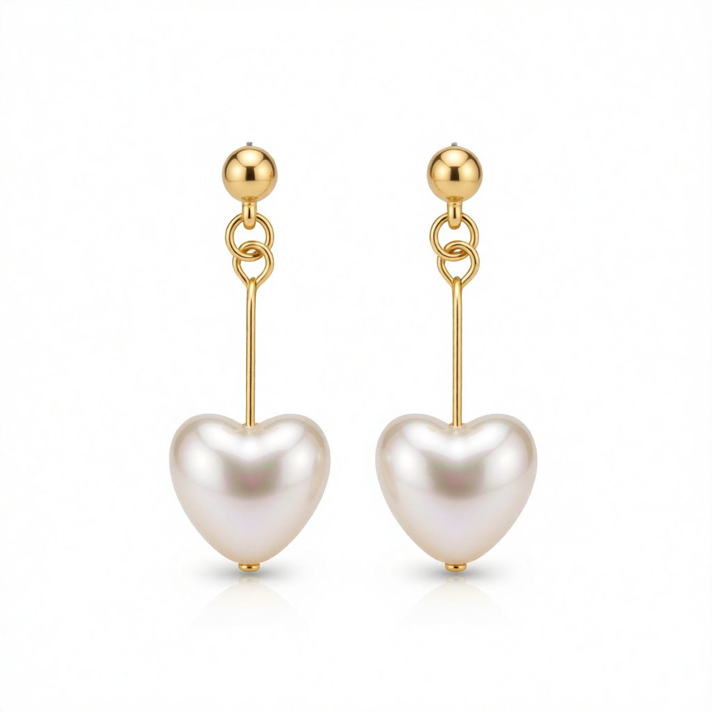 Pearl and 18K Gold-Plated Heart Drop Earrings, gold drop earrings for women, vintage-inspired design, side view