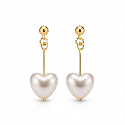 Pearl and 18K Gold-Plated Heart Drop Earrings, gold drop earrings for women, vintage-inspired design, side view