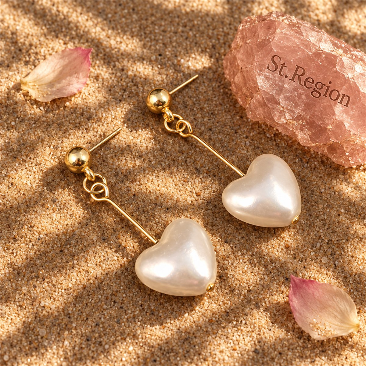 Pearl and 18K Gold-Plated Heart Drop Earrings, gold drop earrings for women, vintage-inspired design, detail close-up