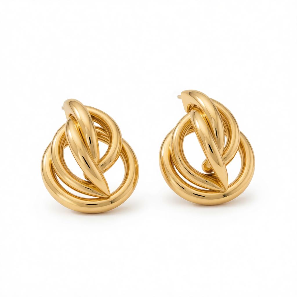 18K Gold-Plated Crossing Ring Stud Earrings, cubic zirconia stud earrings for women, elegant gift for her, side view