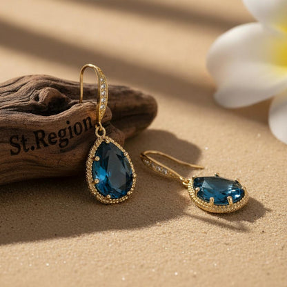 London Blue Crystal and Cubic Zirconia Goldtone Teardrop Hook Earrings, gold drop earrings for women, front view
