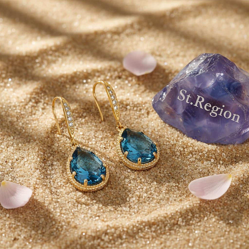 London Blue Crystal and Cubic Zirconia Goldtone Teardrop Hook Earrings, gold drop earrings for women, detail close-up