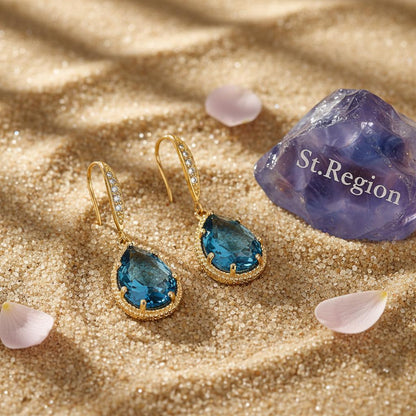 London Blue Crystal and Cubic Zirconia Goldtone Teardrop Hook Earrings, gold drop earrings for women, detail close-up