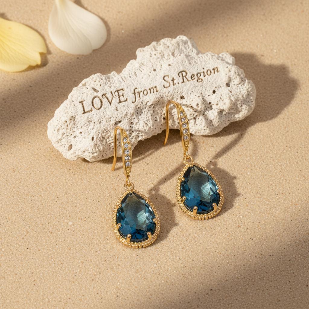 London Blue Crystal and Cubic Zirconia Goldtone Teardrop Hook Earrings, gold drop earrings for women, lifestyle look