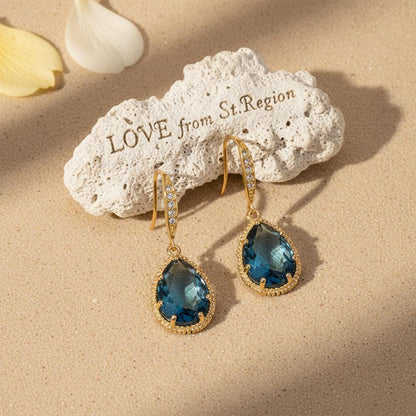 London Blue Crystal and Cubic Zirconia Goldtone Teardrop Hook Earrings, gold drop earrings for women, lifestyle look