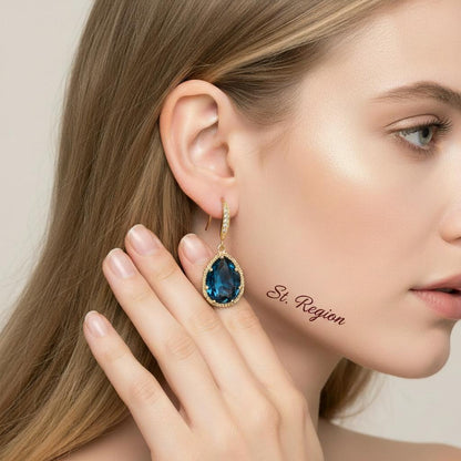 London Blue Crystal and Cubic Zirconia Goldtone Teardrop Hook Earrings, gold drop earrings for women, styled look