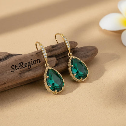 Green Crystal and Cubic Zirconia 18K Gold-Plated Hook Teardrop Earrings, gold drop earrings for women, front view