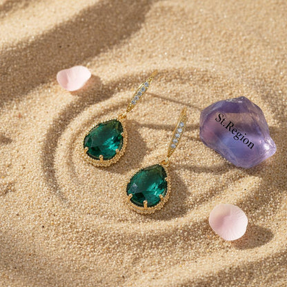 Green Crystal and Cubic Zirconia 18K Gold-Plated Hook Teardrop Earrings, gold drop earrings for women, detail close-up