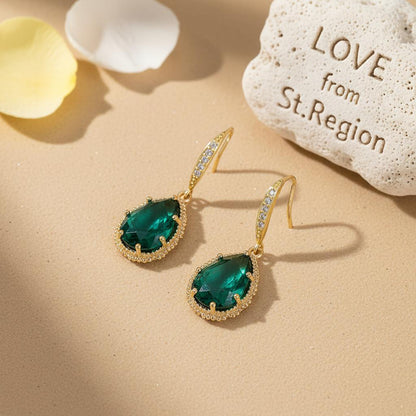 Green Crystal and Cubic Zirconia 18K Gold-Plated Hook Teardrop Earrings, gold drop earrings for women, lifestyle look