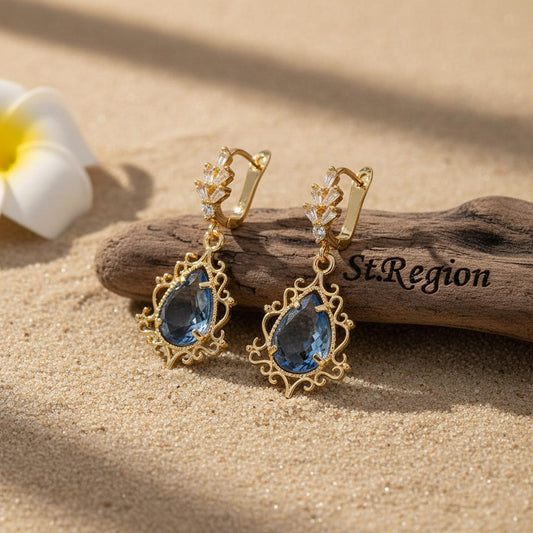 Blue Crystal & 18K Gold-Plated Scroll Drop Huggie Earrings