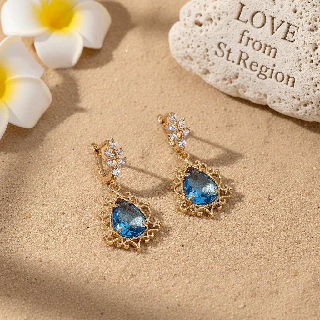 Blue Crystal and 18K Gold-Plated Scroll Drop Huggie Earrings, gold huggie earrings, botanical inspired, lifestyle look