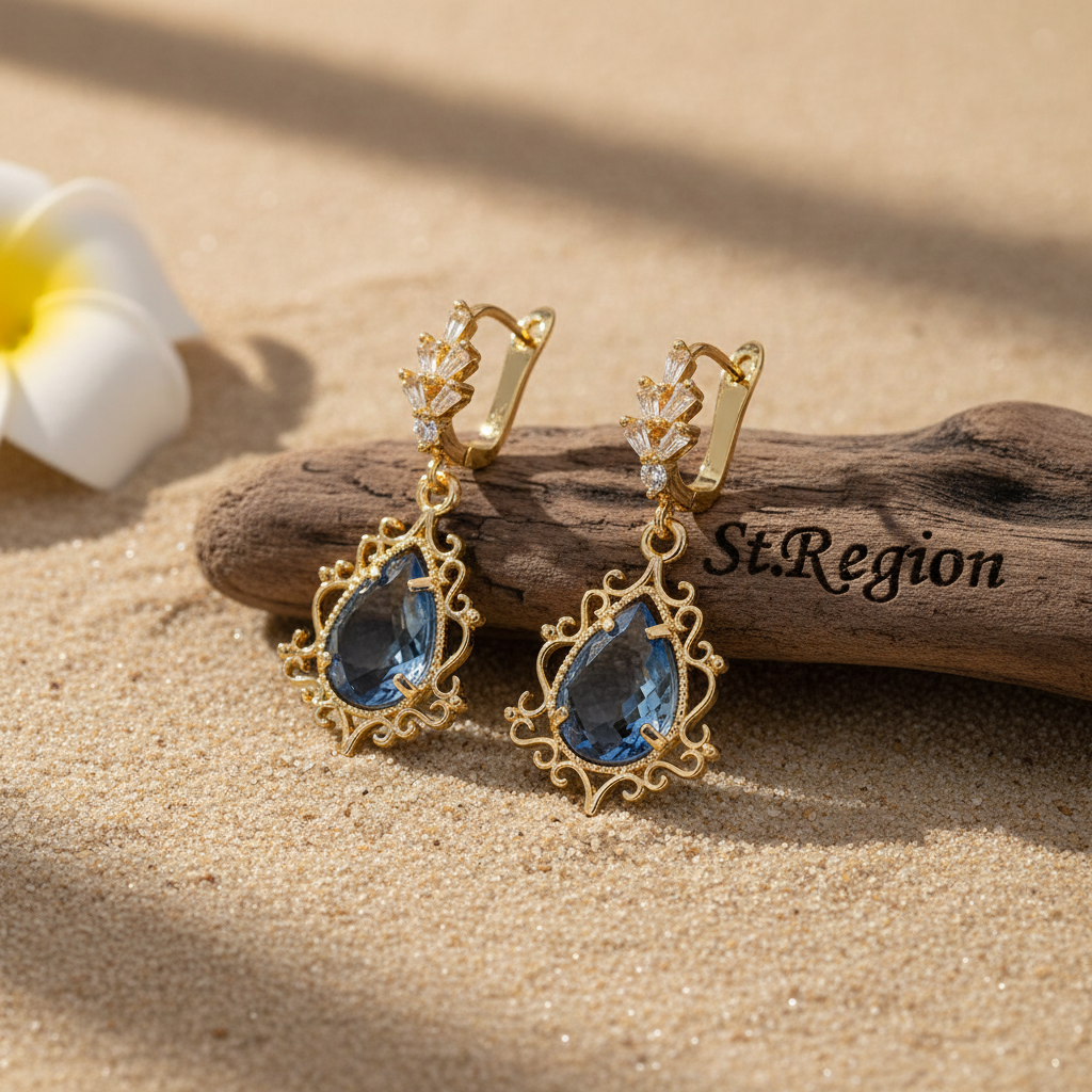 Blue Crystal & 18K Gold-Plated Scroll Drop Huggie Earrings - Street Region