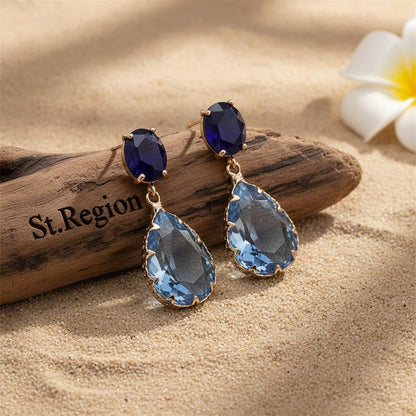 Navy and Blue Crystal Tiered Pear-Cut Drop Earrings, drop earrings for women, dainty minimalist design, front view