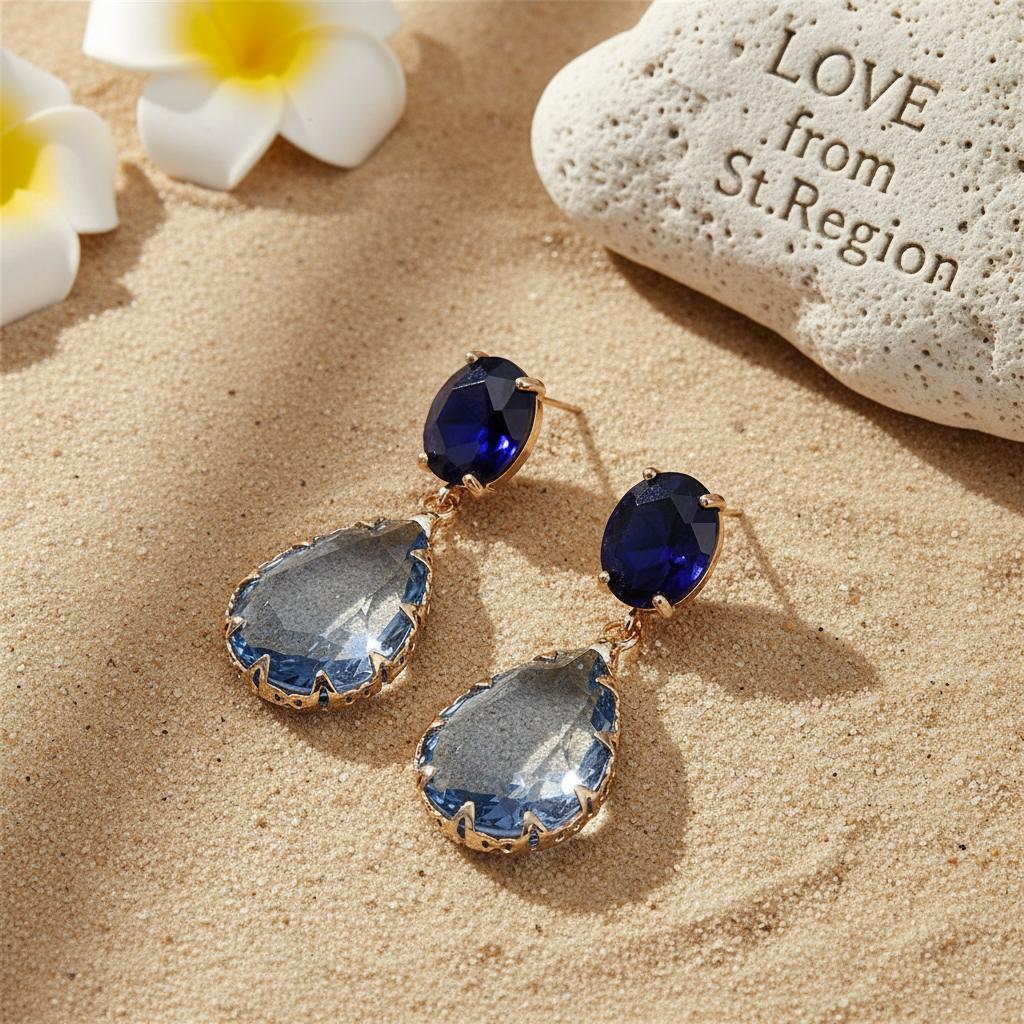 Navy and Blue Crystal Tiered Pear-Cut Drop Earrings, drop earrings for women, dainty minimalist design, lifestyle look