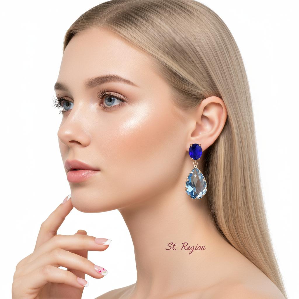 Navy and Blue Crystal Tiered Pear-Cut Drop Earrings, drop earrings for women, dainty minimalist design, styled look