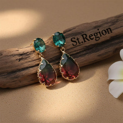 Green and Red Crystal Ombré Tiered Pear-Cut Drop Earrings, drop earrings for women, dainty minimalist design, front view