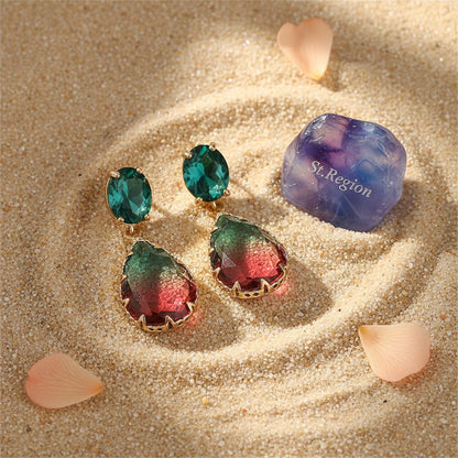 Green and Red Crystal Ombré Tiered Pear-Cut Drop Earrings, drop earrings for women, detail close-up