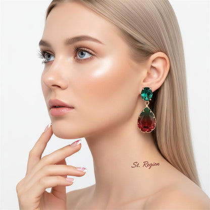 Green and Red Crystal Ombré Tiered Pear-Cut Drop Earrings, drop earrings for women, styled look