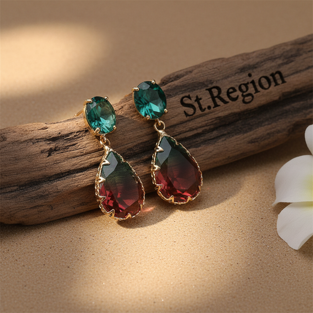 Green & Red Crystal Ombré Tiered Pear-Cut Drop Earrings - Street Region