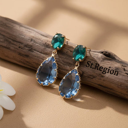 Green and Blue Crystal 18K Gold-Plated Drop Earrings, gold drop earrings for women, everyday style, front view