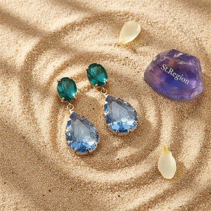 Green and Blue Crystal 18K Gold-Plated Drop Earrings, gold drop earrings for women, everyday style, detail close-up