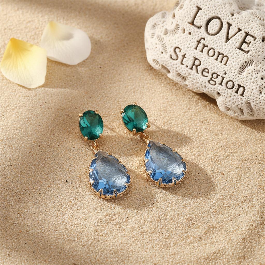 Green and Blue Crystal 18K Gold-Plated Drop Earrings, gold drop earrings for women, everyday style, lifestyle look