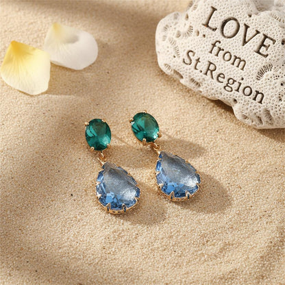 Green and Blue Crystal 18K Gold-Plated Drop Earrings, gold drop earrings for women, everyday style, lifestyle look