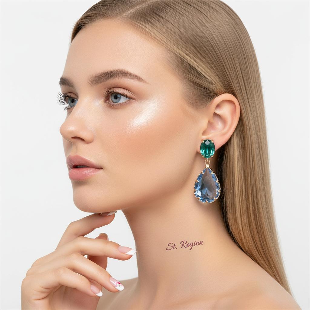 Green and Blue Crystal 18K Gold-Plated Drop Earrings, gold drop earrings for women, everyday style, styled look