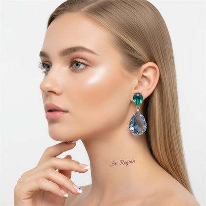 Green and Blue Crystal 18K Gold-Plated Drop Earrings, gold drop earrings for women, everyday style, styled look