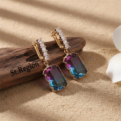 Blue and Purple Crystal Ombré Radiant-Cut Huggie Earrings, huggie earrings, elegant gift for her, front view
