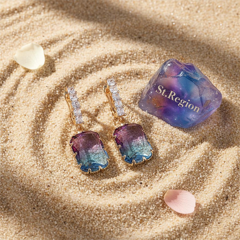 Blue and Purple Crystal Ombré Radiant-Cut Huggie Earrings, huggie earrings, elegant gift for her, detail close-up