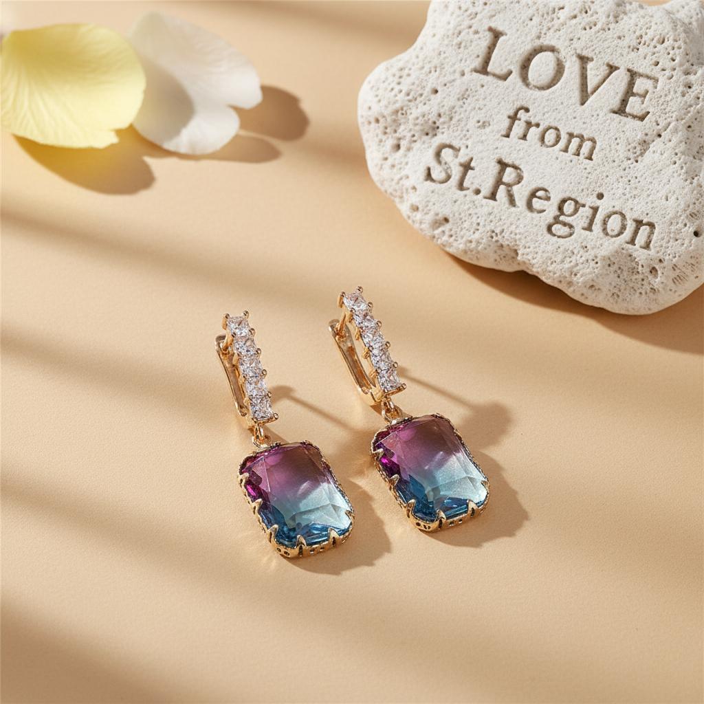 Blue and Purple Crystal Ombré Radiant-Cut Huggie Earrings, huggie earrings, elegant gift for her, lifestyle look