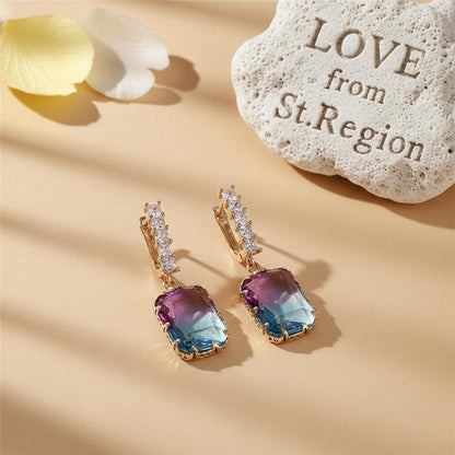 Blue and Purple Crystal Ombré Radiant-Cut Huggie Earrings, huggie earrings, elegant gift for her, lifestyle look