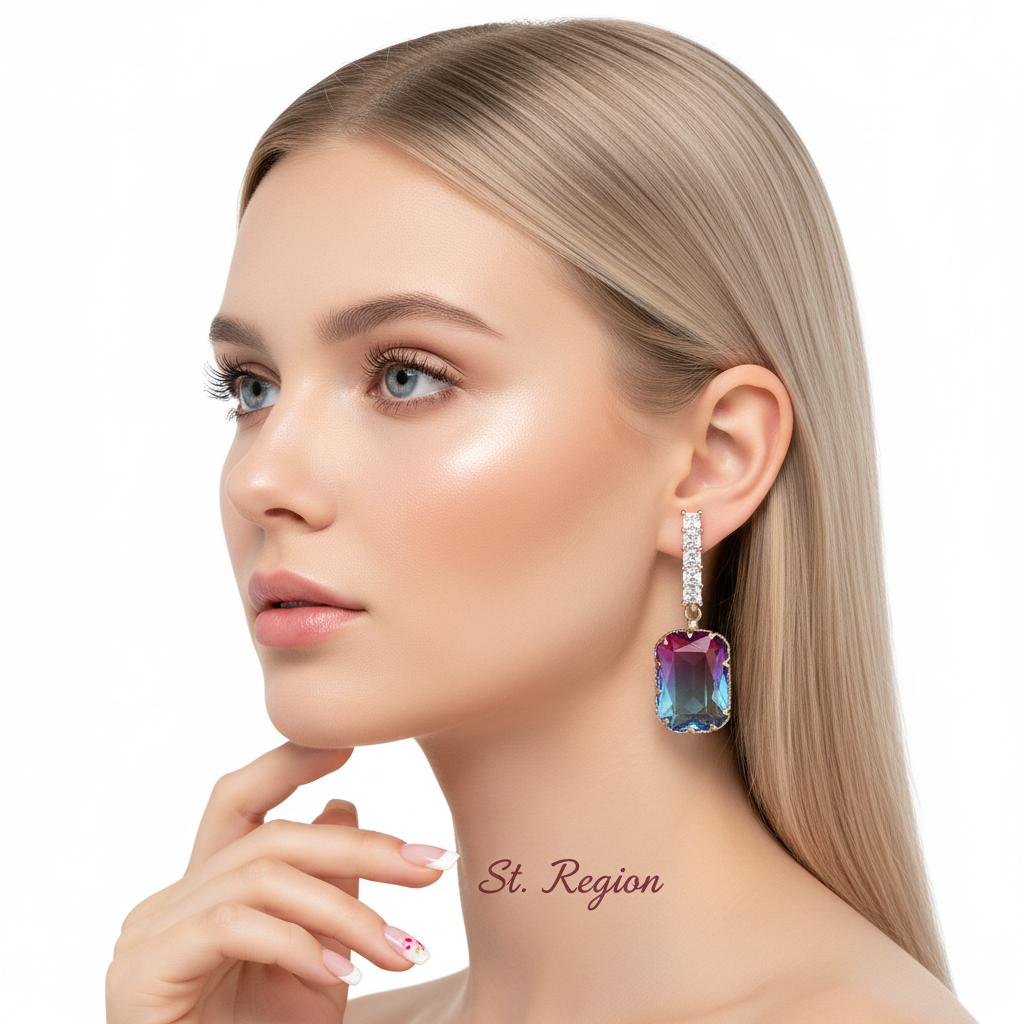 Blue and Purple Crystal Ombré Radiant-Cut Huggie Earrings, huggie earrings, elegant gift for her, styled look