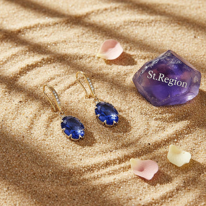 Blue Crystal and Cubic Zirconia Drop Earrings, drop earrings for women, dainty minimalist design, detail close-up
